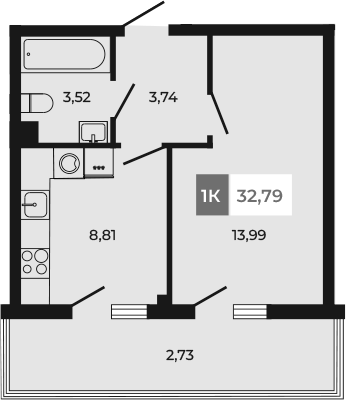 Планировка 1-комнатная 32,79 м²