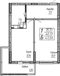 Планировка 1-комнатная 47,09 м²