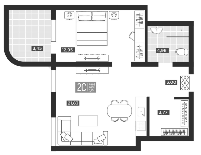 Планировка 2-комнатная 49,96 м²