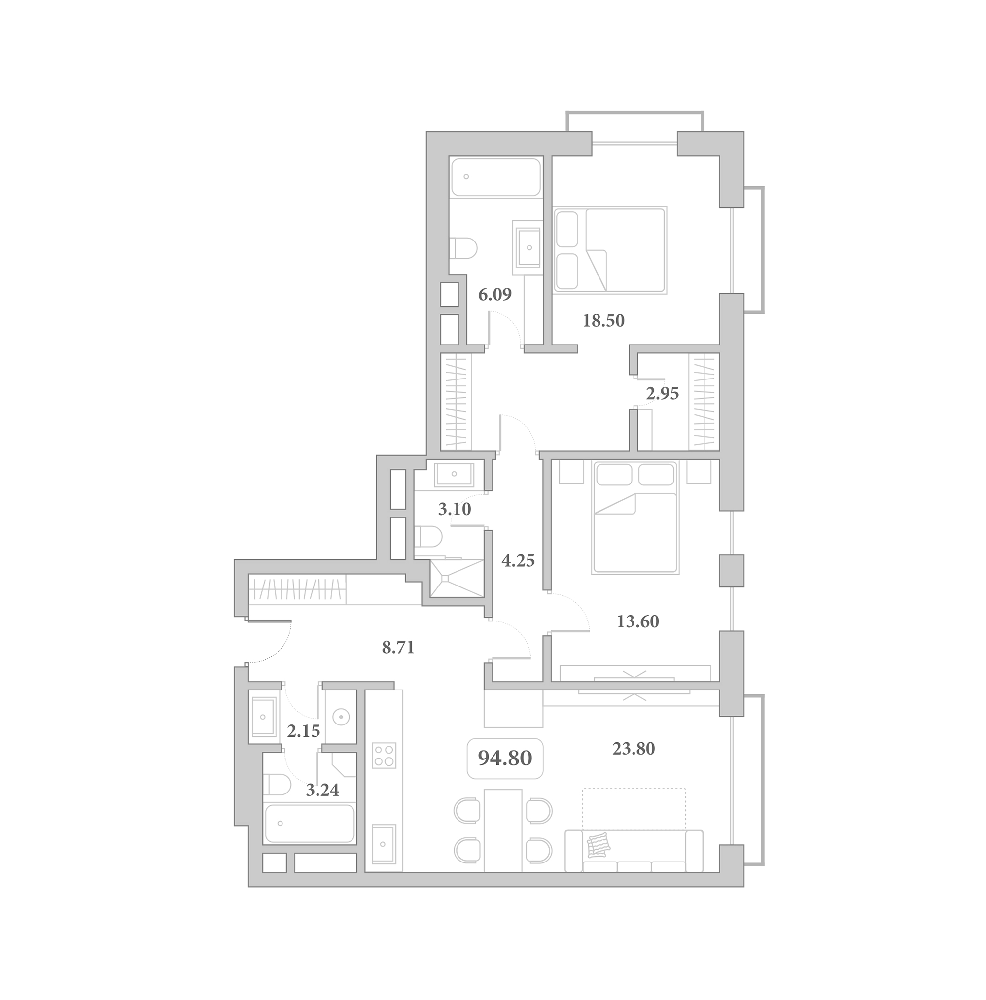 Планировка 3-комнатная 94,8 м²