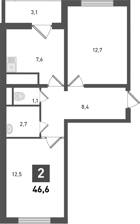 Планировка 2-комнатная 47,7 м²