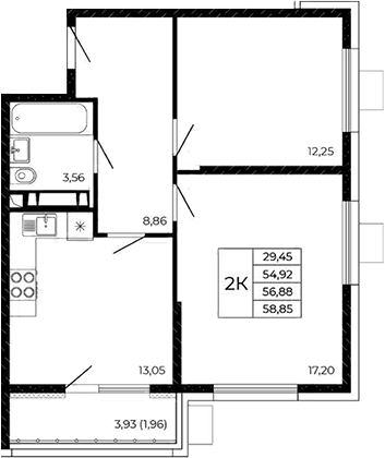 Планировка 2-комнатная 58,85 м²