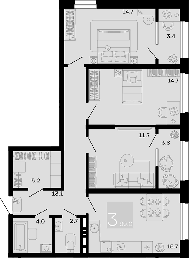 Планировка 3-комнатная 89 м²