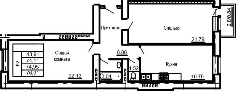 Планировка 2-комнатная 77,8 м²