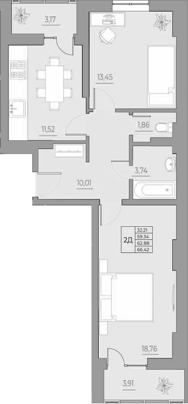 Планировка 2-комнатная 66,42 м²