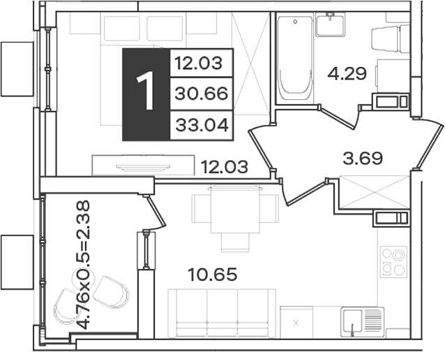 Планировка 1-комнатная 33,04 м²