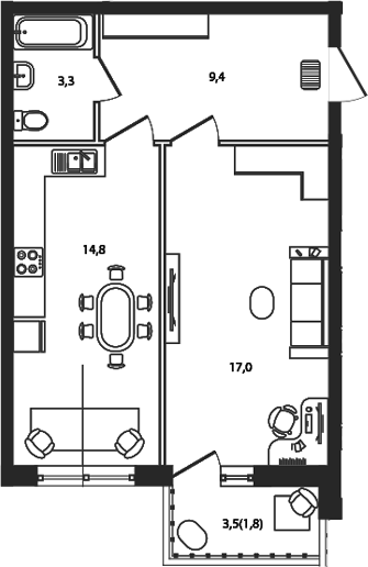 Планировка: 1-комн. квартира 46,3 м²