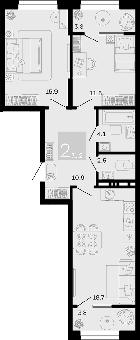 Планировка 2-комнатная 71,2 м²