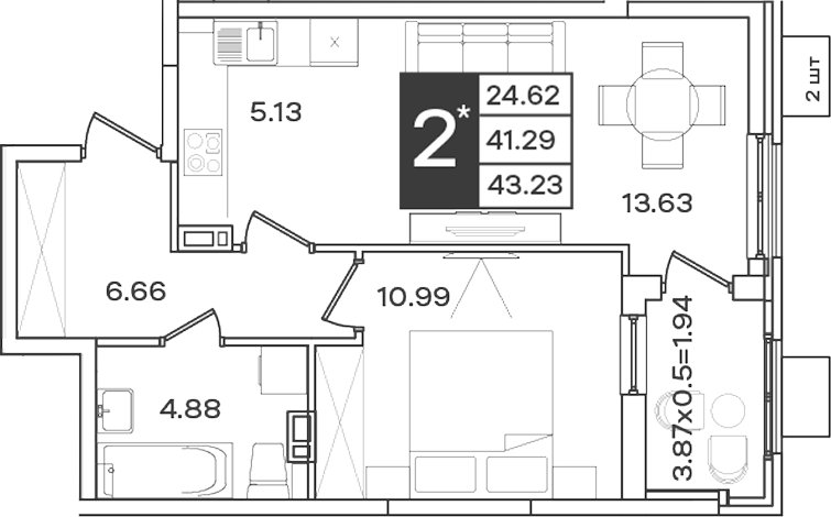 Планировка 2-комнатная 43,23 м²