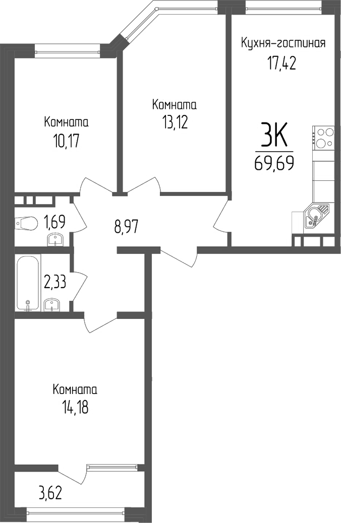 Планировка 3-комнатная 69,69 м²