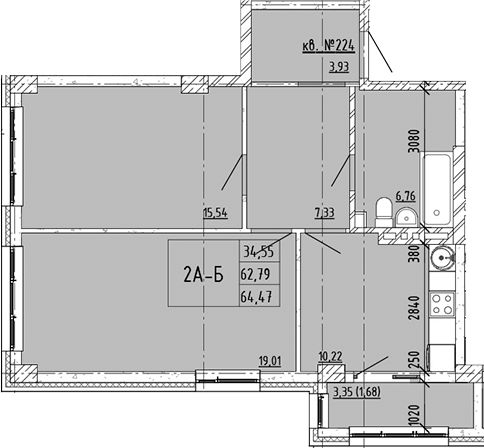 Планировка 2-комнатная 64,47 м²