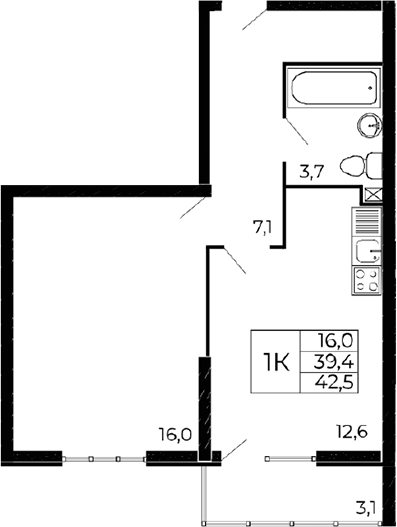 Планировка 1-комнатная 40,3 м²