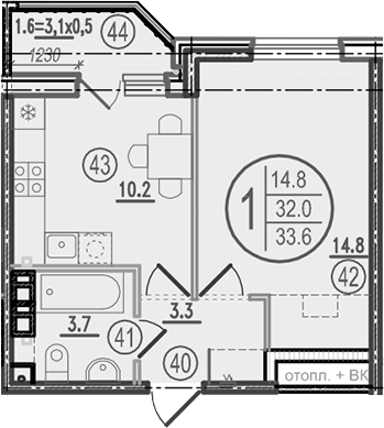 Планировка 1-комнатная 33,6 м²
