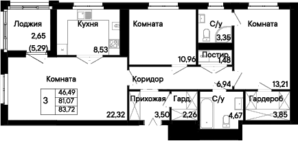 Планировка 3-комнатная 83,72 м²