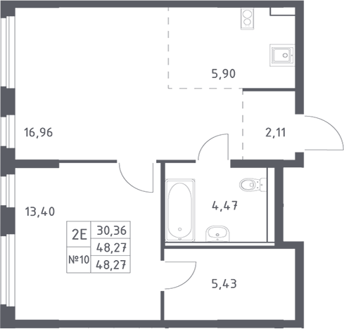 Планировка 2-комнатная 48,27 м²