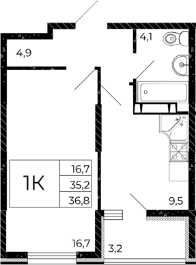 Планировка 1-комнатная 36,8 м²