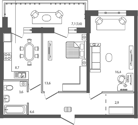 Планировка 2-комнатная 57,4 м²