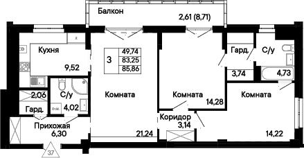 Планировка 3-комнатная 85,86 м²