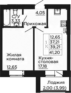Планировка 1-комнатная 39,21 м²
