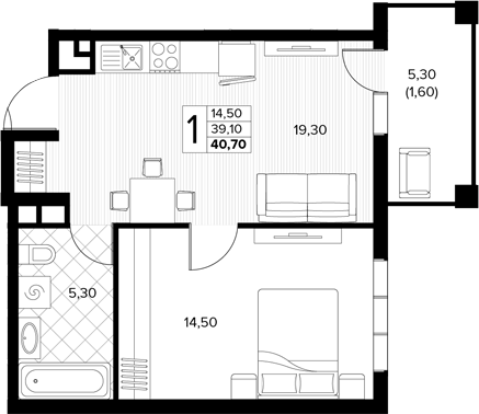 Планировка 1-комнатная 40,7 м²