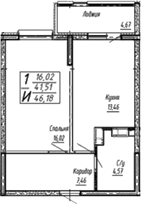 Планировка 1-комнатная 46,18 м²