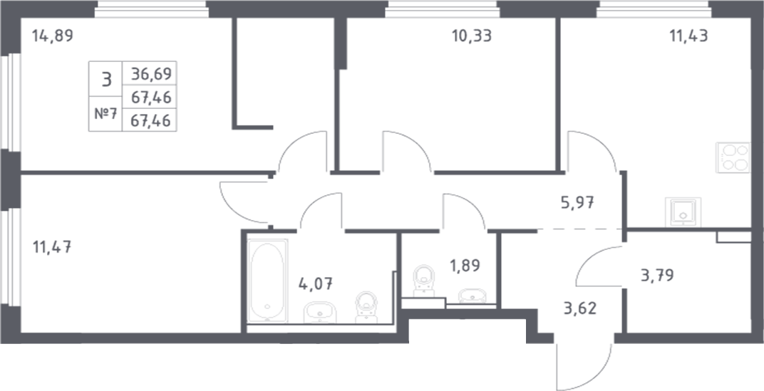 Планировка 3-комнатная 67,46 м²