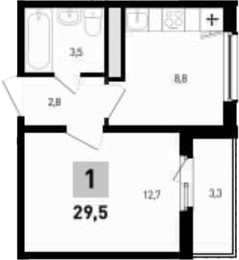 Планировка 1-комнатная 29,5 м²