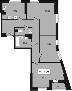 Планировка 3-комнатная 91,55 м²