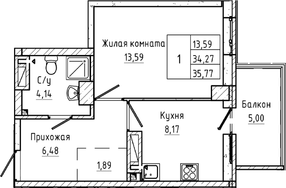 Планировка 1-комнатная 35,77 м²
