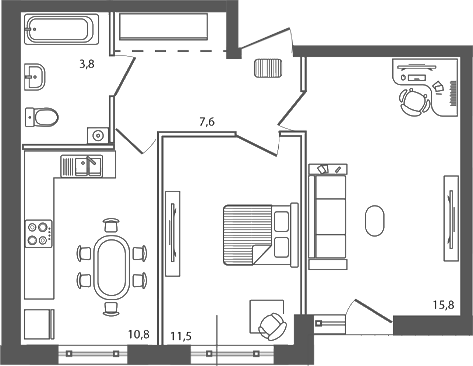 Планировка 2-комнатная 49,5 м²