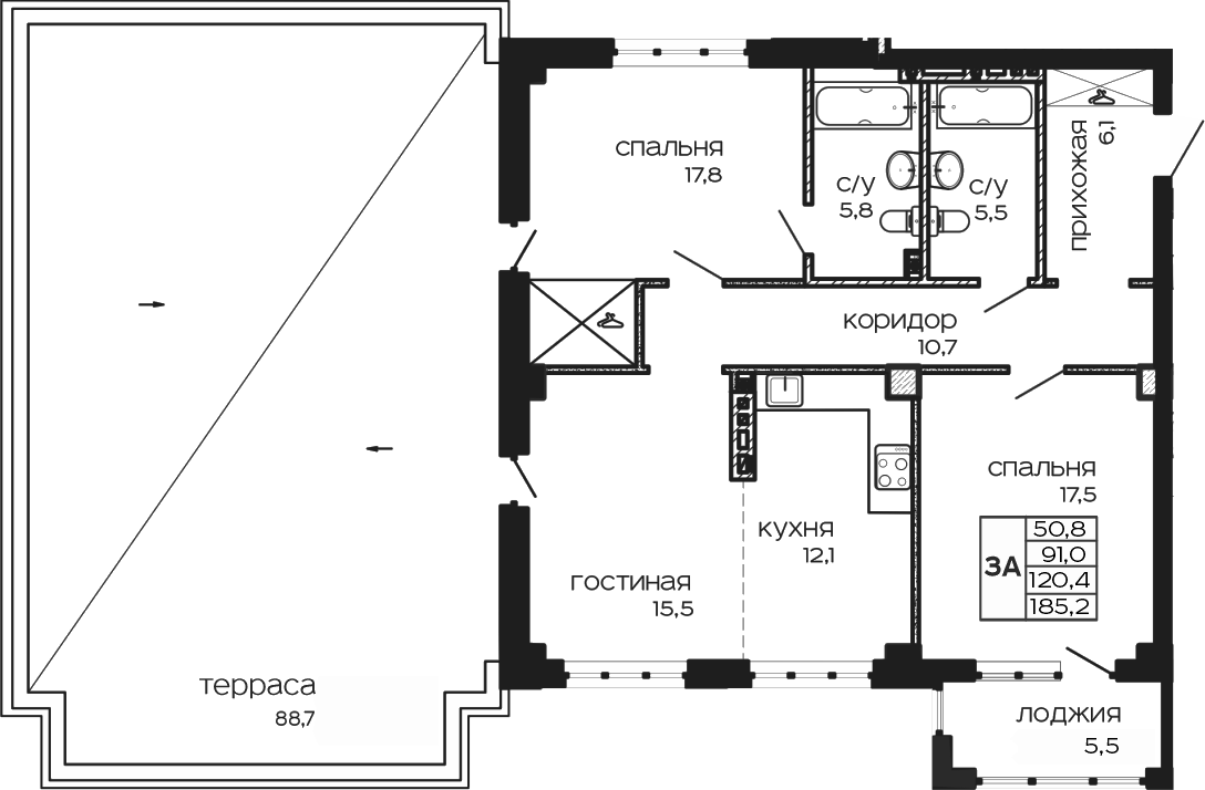 Планировка 3-комнатная 186,2 м²
