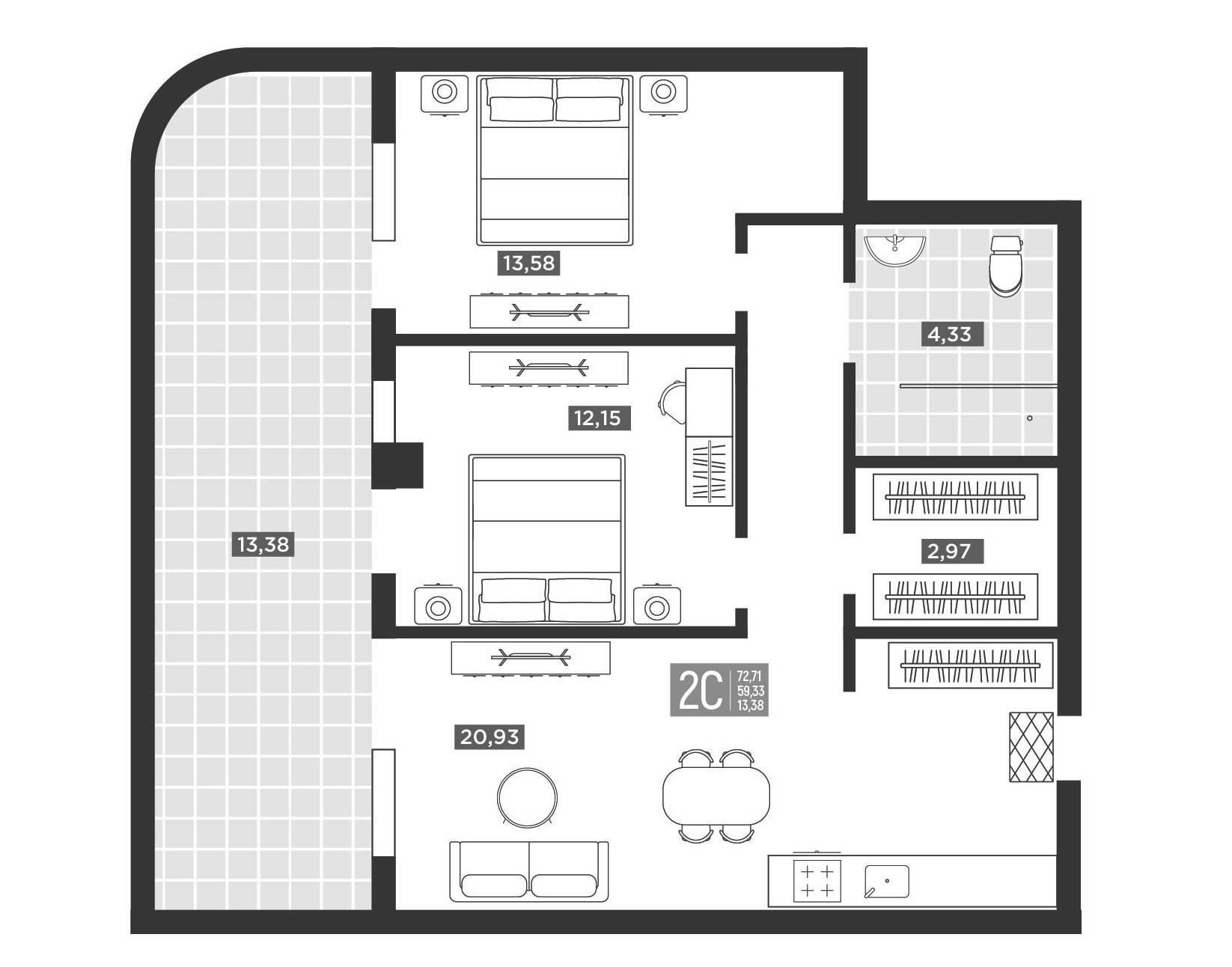 Планировка 3-комнатная 72,71 м²