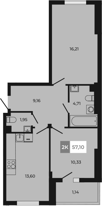 Планировка 2-комнатная 57,1 м²