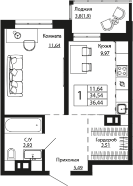 Планировка 1-комнатная 36,4 м²
