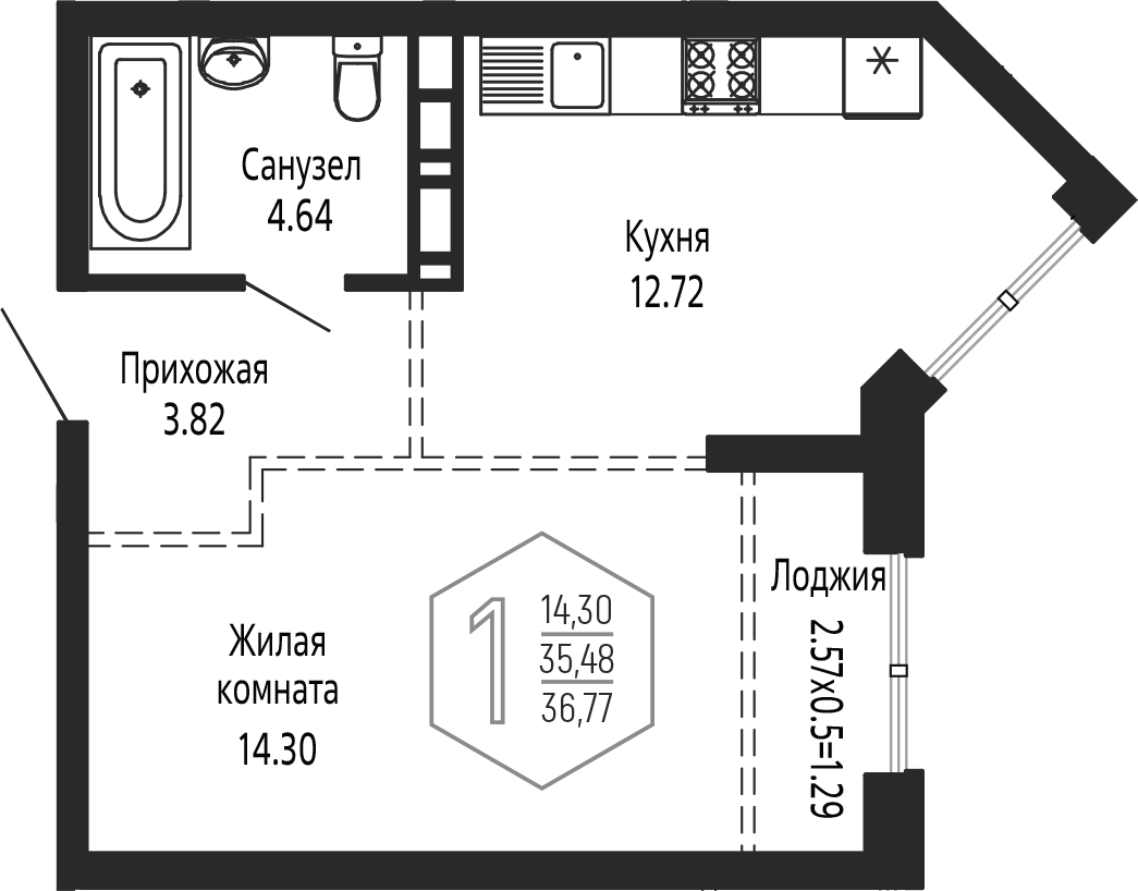 Планировка 1-комнатная 36,77 м²