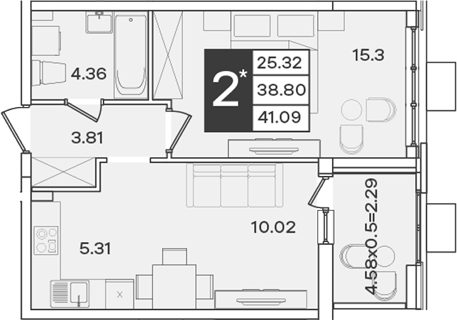 Планировка 2-комнатная 41,09 м²