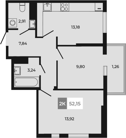 Планировка 2-комнатная 52,15 м²