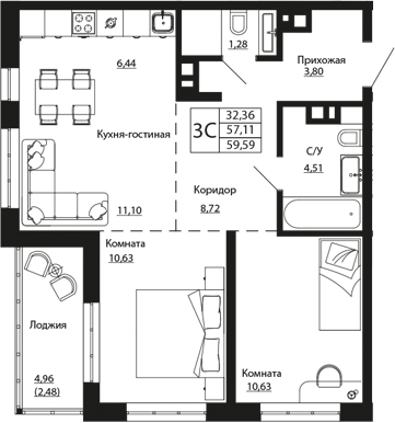 Планировка 3-комнатная 59,41 м²