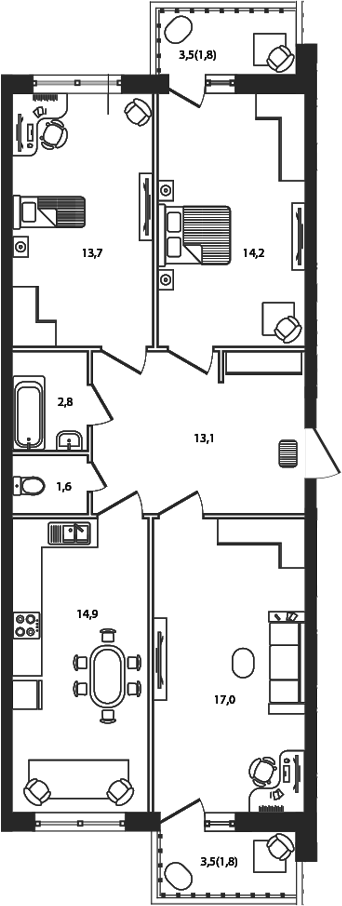 Планировка: 3-комн. квартира 80,9 м²