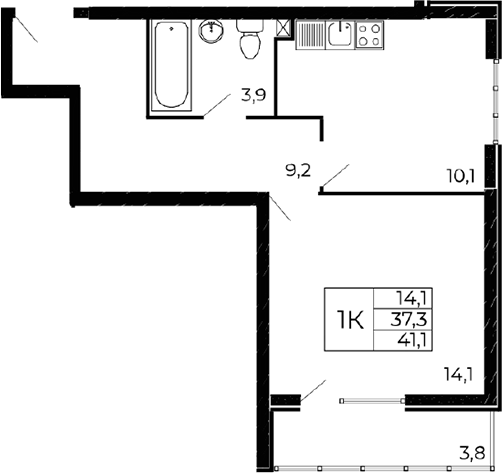 Планировка 1-комнатная 39,2 м²