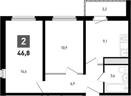Планировка 2-комнатная 46,8 м²