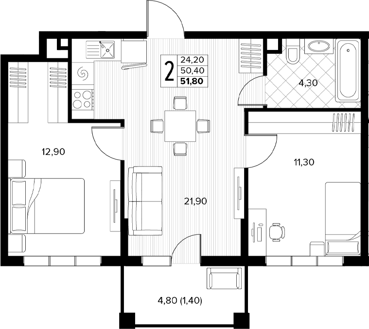 Планировка 2-комнатная 51,8 м²