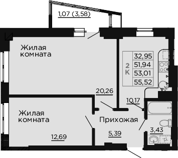 Планировка 2-комнатная 53,01 м²
