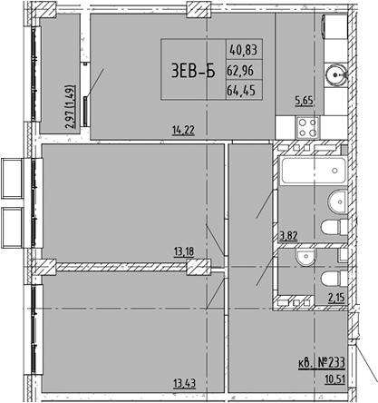 Планировка 3-комнатная 64,45 м²