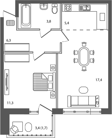 Планировка 2-комнатная 45,9 м²