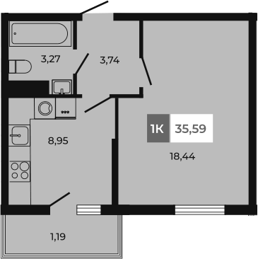 Планировка 1-комнатная 35,59 м²