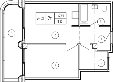 Планировка 2-комнатная 45,72 м²