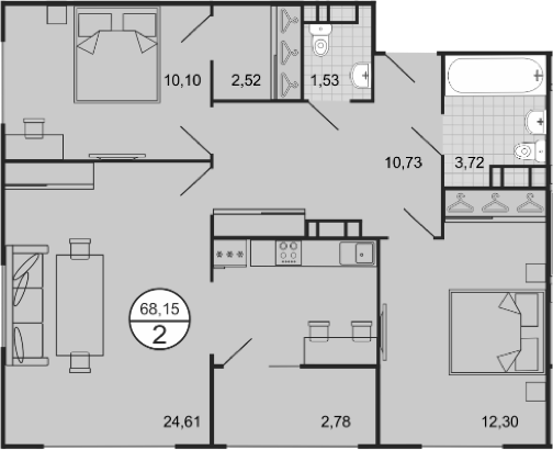Планировка 3-комнатная 68,15 м²