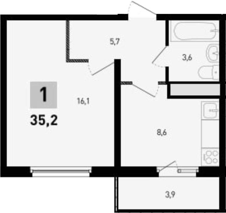 Планировка 1-комнатная 35,2 м²