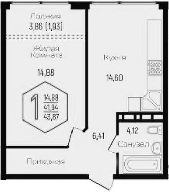 Планировка 1-комнатная 43 м²